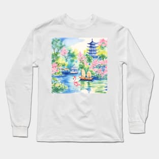 Flamingo in chinoiserie landscape watercolor painting Long Sleeve T-Shirt